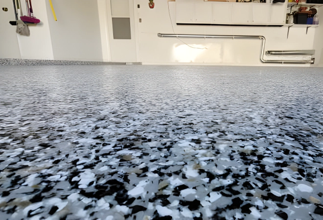 a recently finished garage flake floor